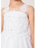 Beaded White Lace Tulle Tea Length Flower Girl Dress